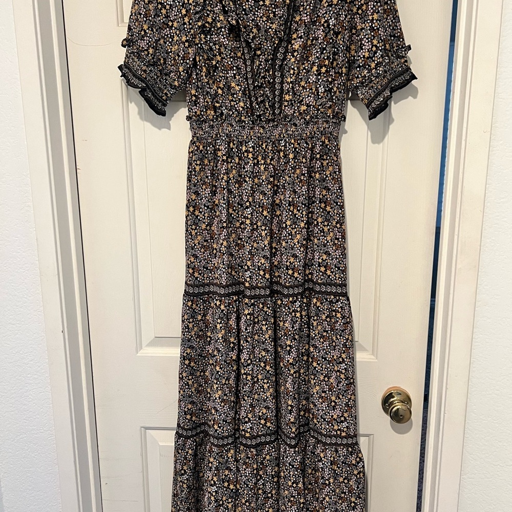 Max Studio Women's Elbow Length Sleeve Print Tiered Maxi Dress